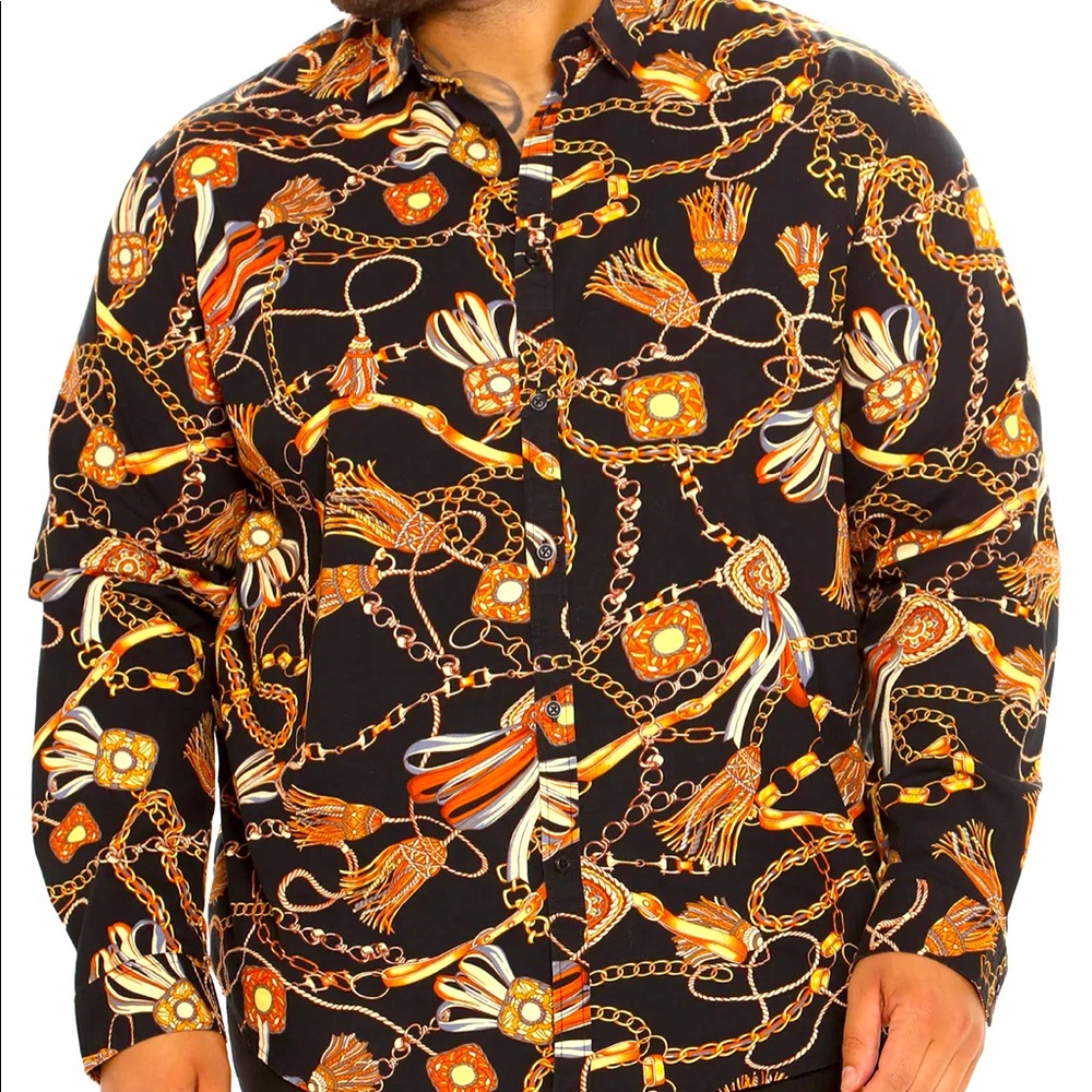 New!!! Mens stylish long sleeve woven top w/ chain and tassel print; sz 3X